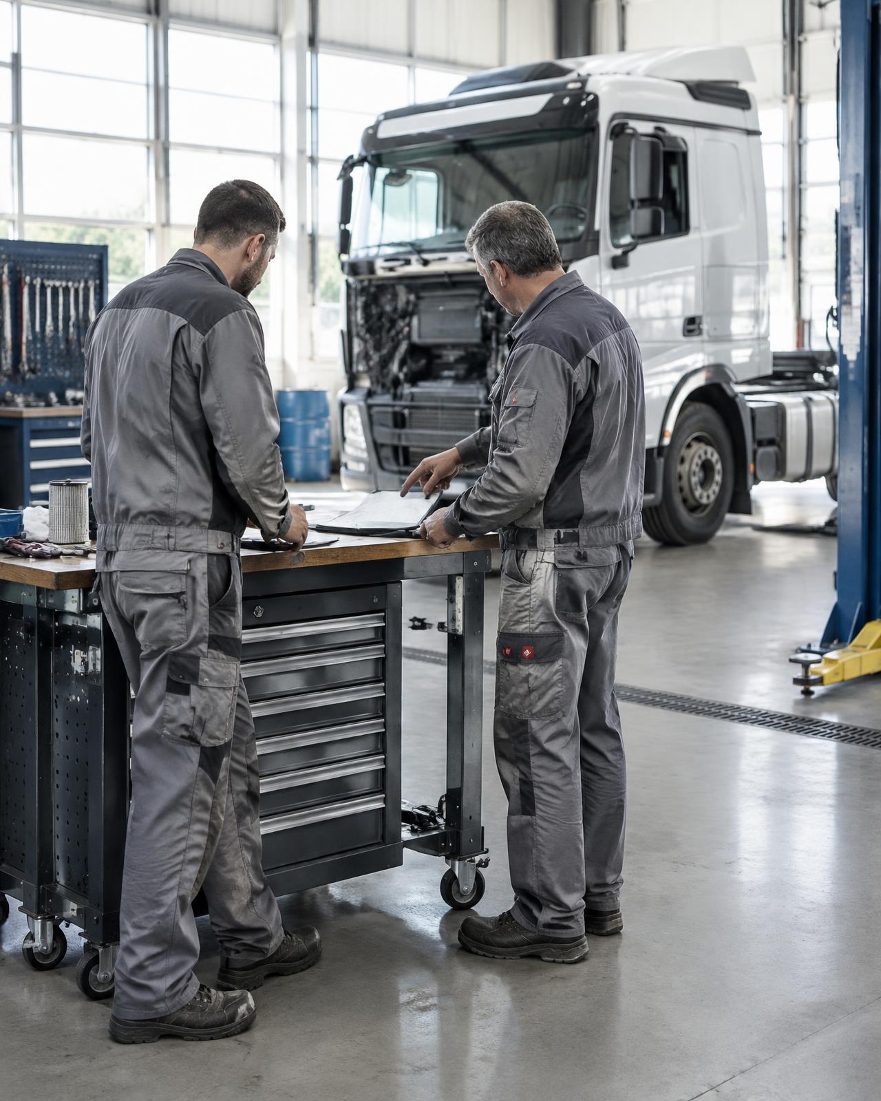 Fagfolk planlegger arbeid i verksted (illustrasjon)